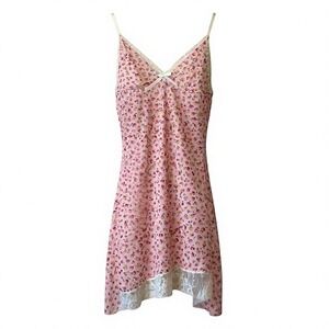 Pink Floral Lace Trim Slip Dress Y2K Soft Girl Babydoll Fairy Size L Y2K